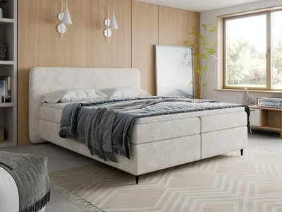 Produktbild von Boxspringbett 180x200 BOHO II Bouclé Creme inkl. Topper, 2 Matratzen & 2 Bettkästen | Hotelbett Polsterbett Design-Kopfteil