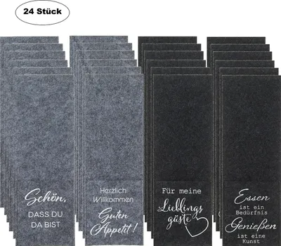 Produktbild von 24 Stück Bestecktaschen aus Filz mit 4 Sprüchen Tasche Grau und Schwarz