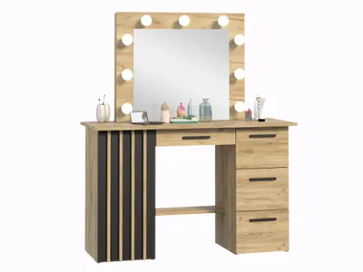 Produktbild von Meblowa1 toaletka z oświetleniem, MONTANA B120 9 żarówek LED, lustro w stylu Hollywood, 4 szuflady, 1 zamykana szafka, w kolorze dębu craft