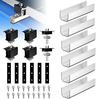 Produktbild von Solarmodul Halterung für 2 Module – PV Montagesystem mit 12 cm Aluminiumschiene & schwarzen Klemmen für 30–40 mm, Flachdach & Trapezblech