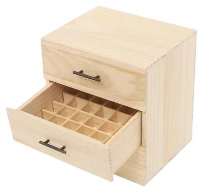 Produktbild von Aufbewahrungsbox für ätherische Öle - Holzkiste - 90 Fächer - Kiefernholz - Für 5 & 15 ml Flaschen - 24,5×20×26 cm - Größe L - Gelb