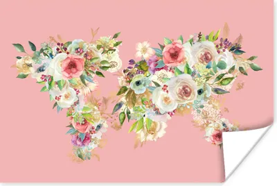 Produktbild von MuchoWow® Poster Weltkarte - Rosen - Anemone - Rosa 90x60 cm - Schlafzimmer