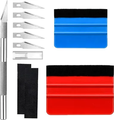 A collection of tools for applying vinyl wraps or films.