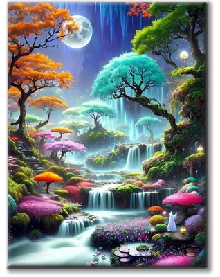 Obrázok produktu pre Sada na maľovanie diamantmi, motívy kvetín, 30x40 cm, 5D, kreatívna sada, dekorácia na stenu, krajina, vodopád, strom, mesiac