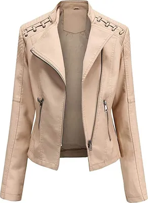 Produktbild von ASKSA Damen Kunstlederjacke Kunstleder Casual Slim Bikerjacke Jacke Reißverschluss Motorrad Outwear, Khaki, XL