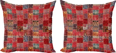 Produktbild von ABAKUHAUS orientalisch Kissenbezug Set (2Stück), Warmtonige Arabesque Muster Grunge mit Verzierungen, 40 x 40 cm, Dunkler Coral Mehrfarbig