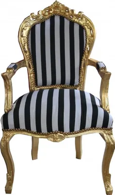 Produktbild von Casa Padrino Barock Esszimmerstuhl Schwarz/Weiß Streifen / Gold mit Armlehnen - Antik Stil Stuhl