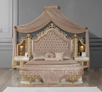 Produktbild von Schlafzimmer Set Bett 2x Nachttische Design Luxus neu 4tlg Beige