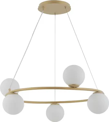 Zdjęcie produktu dla Lampa wisząca dekoracyjna nowoczesna złoty ring pięć szklanych białych kul Gama Koło 5xG9 12W Sigma Lighting