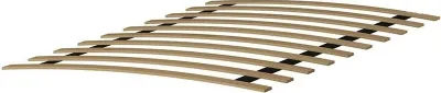 A bed frame base made of wooden slats.