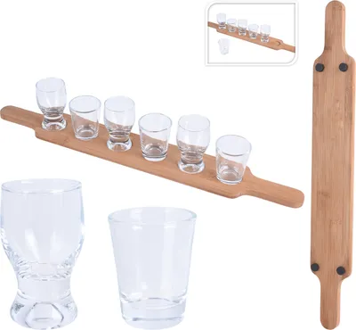 Produktbild von Servierbrett aus Holz mit 6 Gläsern Set für Getränke, Vorspeisen, Vorspeisen, Amuse-Bouche und Hors