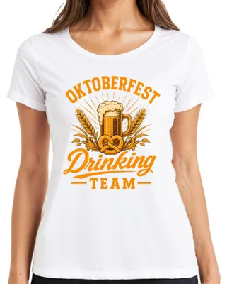 Productafbeelding van , drinkteam, bier, pretzel, Beieren, Wiesn, lederhosen, feest, dames T-shirt, wit, maat L