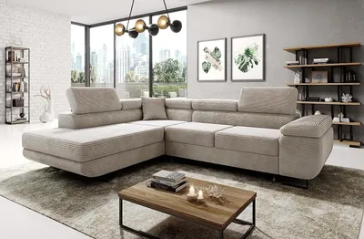 Produktbild von Avatar Kord Ecksofa in L-Form 277 x 73 x 203 cm mit Schlaffunktion und Bettzeugbehälter - Schlafsofa mit Bettkasten - Eckcouch mit Stauraum - Links - Farbe: Kord Creme