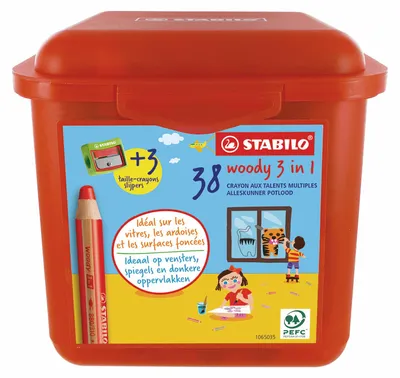 Immagine prodotto di Matita colorata, acquerello e pastello a cera - STABILO woody 3 in 1 - confezione da 38 e 3 temperini - con 13 colori diversi