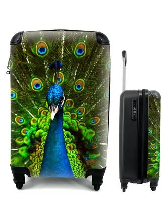 Produktbild von MuchoWow® Koffer Handgepäck Trolley Rollkoffer Kleine Reisekoffer mit 4 Rollen - Pfau - Federn - Muster - Blau - Cabin Size < 55x40x23 cm & 55x40x20 cm - Fotokoffer - Kabinenkoffer - Boardgepäck - Reise-Box - Reisekoffer - Reisegepäck - Koffer mit Bild - Trolley für Kinder