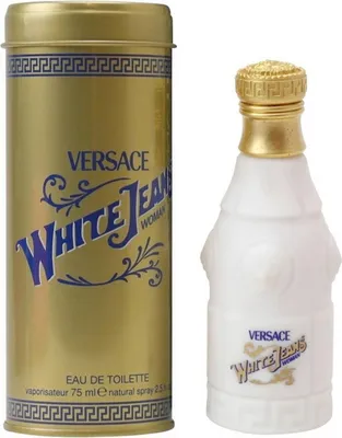 Versace White Jeans Woman Eau de Toilette 75 ml mit goldener Metalldose und weißem Flakon im klassischen Jeans-Design.