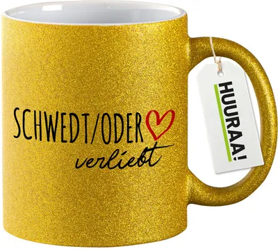 Produktbild von Huuraa Glitzertasse Schwedt Oder verliebt 330ml Gold Keramik Kaffeebecher Geschenkidee