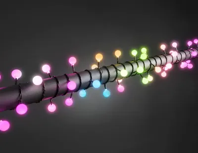 A string of colorful LED lights wrapped around a dark cylindrical object.