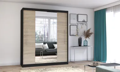 Produktbild von Schwebetürenschrank Kleiderschrank Schrank 204cm SCHWARZ/SONOMA mit zwei Spiegeln, Zierleisten und LED Beleuchtung Torino