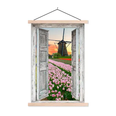 Produktbild von MuchoWow® Textilposter Ausblick - Tulpen - Mühle - Abend 120x180 cm mit holzfarbenen Rahmen - Textil-Plakat