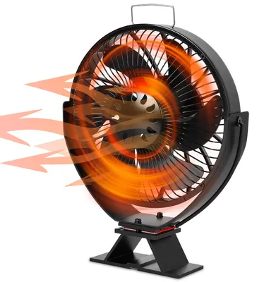Productafbeelding van Ikodm kachelventilator met 6 bladen, voorzien van een beschermrooster en verstelbare hoek, inclusief thermometer, zwart
