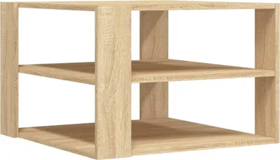 A simple, modern wooden shelf unit with two open shelves.