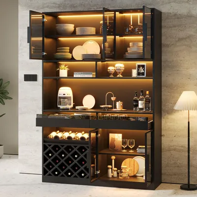 Produktbild von Merax Buffetschrank, Vitrinenschrank mit LED-Beleuchtung, Weinregal und Weinglashalter, Glasvitrine mit 2 Schubladen und offenen Fächern, Schwarz
