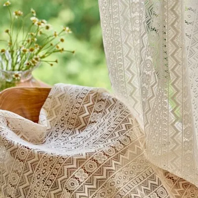 Produktbild von Vintage Boho Blickdicht Vorhänge Baumwolle Leinen Gardinen mit Quasten und Häkeln Stricken für Wohnzimmer Schlafzimmer Landhaus,Beige,150x60cm