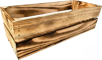 A wooden crate with a burnt wood finish, shown from a slightly elevated angle against a white background.
