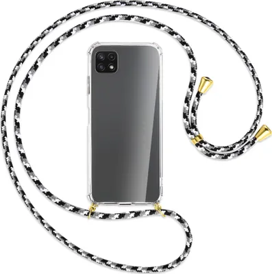 Produktbild von Handykette Backcover-Schutzhülle mit Band (Metall goldfarben) für Samsung Galaxy A22 5G (A226) - schwarz/grau/weiß
