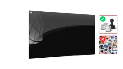 A black glass board is shown against a white background, with two small inset images on the right side. The top inset shows a checkmark, three cans, and a magnet, suggesting it is magnetic. The bottom inset shows a red cross over a collage of magnets, indi