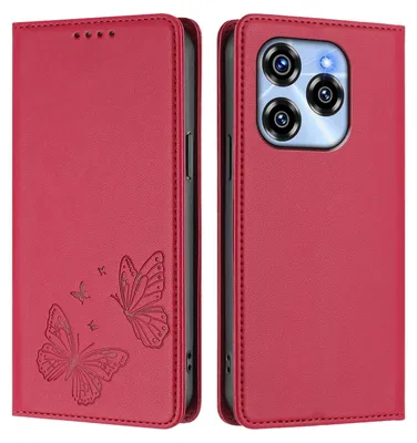 Produktbild von Lederhülle für Oukitel C50, Schmetterling Prägung Leder Brieftasche Schutzhülle mit Ständer Rot