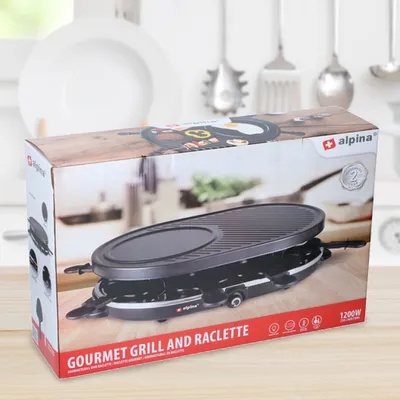 Zdjęcie produktu dla alpina grill elektryczny stołowy 1200W - raclette 8 osób z 2 warstwami - z 8 patelniami i 8 szpatułkami - nieprzywierająca powłoka - patelnie 3 w 1, blacha do pieczenia i kamienny grill - czarny