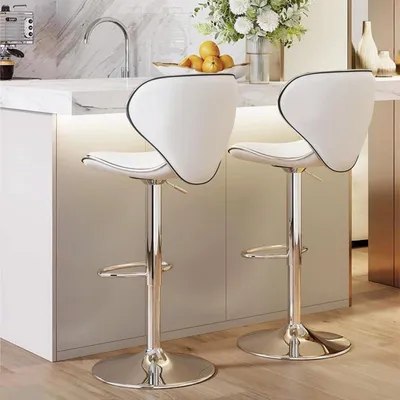 Image de Ensemble de deux tabourets de bar avec dossier et repose-pieds, réglables en hauteur, pivotants, de couleur blanche