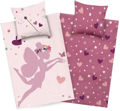 Produktbild von Unyqoos® Rosa Baumwoll-Kinderbettbezug mit Elfen und Herzen für Mädchen