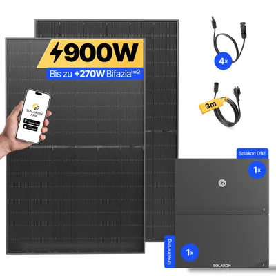 Produktbild von 900W Balkonkraftwerk mit Speicher + Erweiterung Solakon ONE (4,22 kWh) Solaranlage Steckerfertig WIFI Komplettset Photovoltaik Anlage, Kabellänge: 3m