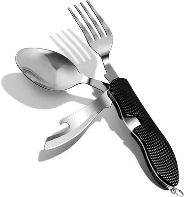 Imagen del producto de Juego de cubiertos plegable de acero inoxidable, 4 en 1, que incluye cuchillo, tenedor, cuchara y abrebotellas, ideal para actividades al aire libre