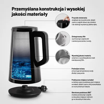 Zdjęcie produktu dla Lauben LBNEK1800BC, 1,5 l, 1800 W, Czarny, Stal nierdzewna, Regulowany termostat, Zabezpieczenie przed przegrzaniem