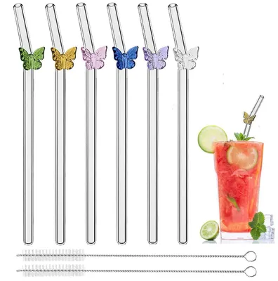 Produktbild von Wiederverwendbare Glas-Trinkhalme, 6er Set, 20 cm, 8 mm Durchmesser, inkl. 2 Reinigungsbürsten