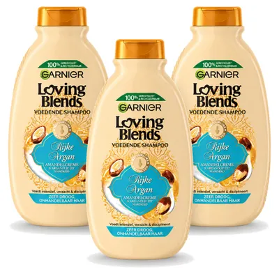 Imagen del producto de 3 champús Garnier Loving Blends, fórmula rica en aceite de argán para cabello muy seco, 300 ml cada uno. Paquete de 3 unidades