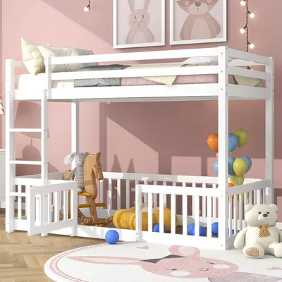 Produktbild von Merax Etagenbett 90x200cm mit Treppe und Zäune, Türchen und Gestaltungsraum, Kinderbett Holzbett Stockbett Hochbett aus Kiefer, Weiß