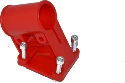A red plastic mounting bracket with silver screws against a white background.