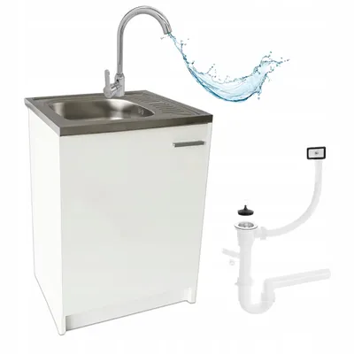 Productafbeelding van Stamar | Keukenonderkast, wit, 60 cm, spoelbak Deante, hoge chromen kraan, sifon voor vaatwasser