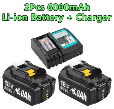Produktbild von Akku Set für Elektrowerkzeug - Li-Ion Ersatzakku mit Ladegerät - 18V 2x 6000mAh - Kompatibel mit BL1830 BL1840 BL1850 BL1860 - 4A Schnellladegerät Einzelport - 2er Pack