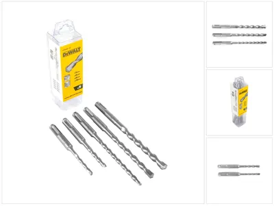 A set of DeWALT SDS-plus drill bits is displayed on a white background, with the packaging and individual bits clearly visible.