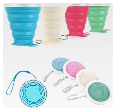 Produktbild von 4 Stück Faltbare Becher 250 ml Silikon Trinkbecher mit Deckel Wiederverwendbare Klappbecher für Reisen, Picknick, Camping und Wandern