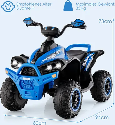A blue and black toy quad bike is shown from a front-diagonal angle against a light blue background. Dimensions and age recommendations are displayed.