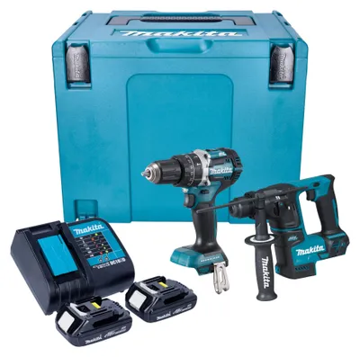 Image de Makita DLX 2278 SYJ Kit combiné batterie + Perceuse-visseuse à percussion 54 Nm DHP 484 + Marteau perforateur 1,2 J DHR 171 + 2x batterie 1,5 Ah + chargeur + Makpac
