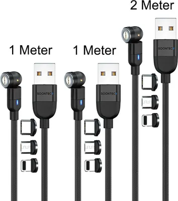 Produktbild von Magnet Ladekabel 3er Set (2 Meter+1 Meter+1 Meter) SOONTEC Datenkabel Magnetladekabel drehbar 360°&180° mit je 3 Stecker Micro USB/ USB-C/ Lightning 3,0 A Ladekabel (Schwarz)