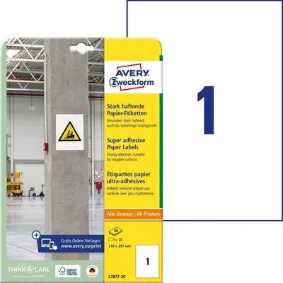 Obrázek produktu pro Avery Zweckform® L7877-20 L7877-20 Papírové etikety - A4, 20 kusů, 210 x 297 mm, vysoce přilnavé, bílé